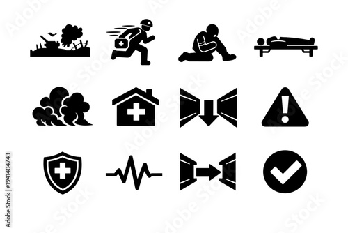Warzone Rescue Scene. Solid icon set of Warzone Rescue Scene: battlefield landscape, medic rushing forward, wounded soldier silhouette, emergency stretcher