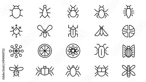 Thirty professional pest management icons are presented in a clean white outline style against a black backdrop for minimalist web design.