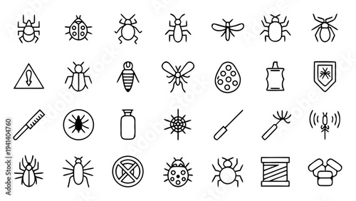 Thirty thin line icons depicting household pests and extermination equipment are organized neatly on a dark uniform background.