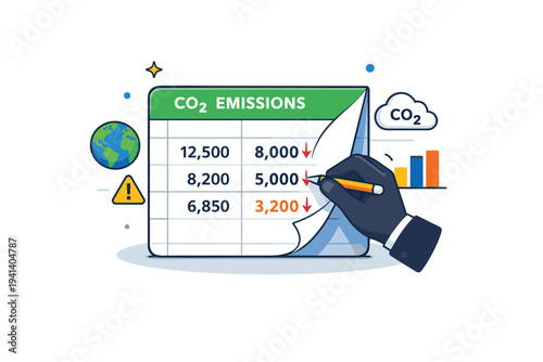 Carbon accounting fraud revealed through data manipulation shown as a spreadsheet with emission figures being secretly adjusted by a hidden hand, symbolizing