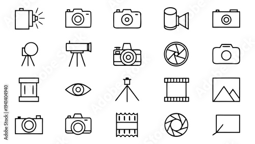 An assortment of thirty photography accessory icons is presented in a white outline style on a black background for camera gear catalogs.