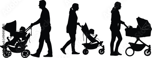 Set of parent silhouettes walking with baby strollers and prams for family lifestyle, childcare, outdoors, cad drawing flat vector illustration