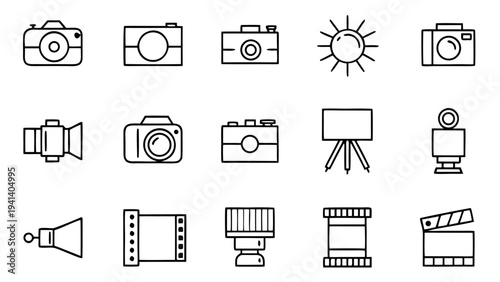Fifteen white thin line photography icons including cameras and tripods are arranged in a three by five grid on a solid black background.