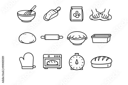 Baking Bread. Line icon set of Baking Bread: mixing bowl, flour scoop, yeast packet, kneading hands, dough ball, rolling pin, dough rising bowl, bread pan,