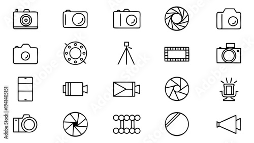 Fifteen white minimalist outline icons for digital photography concepts are positioned in three rows of five on a solid black background.