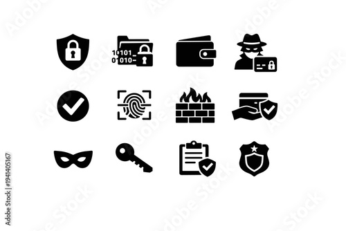 Financial Security. Solid icon set of Financial Security: shield lock, encrypted data, secure wallet, fraud protection, verified checkmark, biometric security,