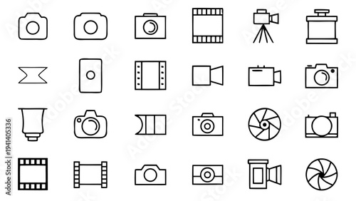 Fifteen white thin line icons depicting photo editing and processing tools are arranged in a neat grid on a solid black background.