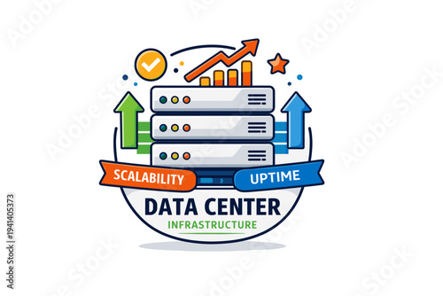Data center infrastructure presented as a compact badge with stacked servers and directional arrows, highlighting scalability, uptime, and continuous system