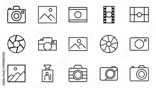 Fifteen white thin line icons of cameras and framed landscape pictures are arranged in a three by five grid on a solid black background.