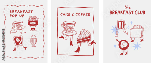 Whimsical hand drawn cafe, bakery and patisserie vintage cartoon posters, banners and prints collection