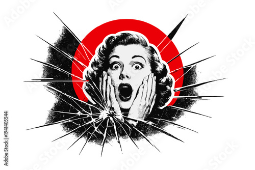A black-and-white retro photograph of a shocked face frozen mid-reaction, cut-out with a bold white outline, layered over a cracked glass texture forming a