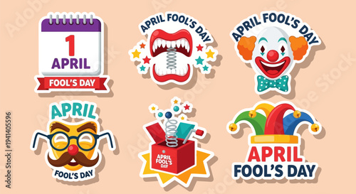 April fool's day stickers with colorful designs and playful graphics on a peach background