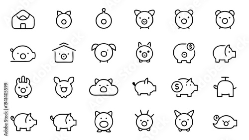 Thirty thin white line icons depicting financial savings and banking concepts like piggy banks and coins organized in a grid on a black backdrop.