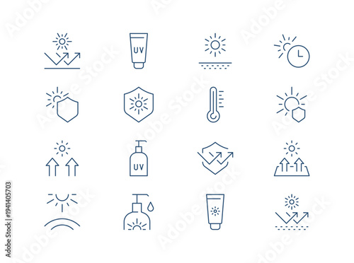 Collection of uv protection icons or symbols for sunscreen, sunblock, sun rays, skin safety, temperature heat drawn with contour lines on white background, monochrome flat vector illustration.