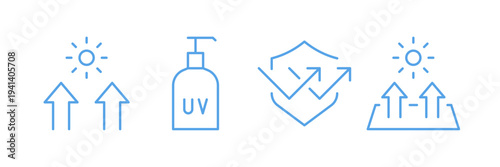 Uv protection icons, signs set, sunscreen, sunblock, sun rays, skin safety, temperature heat, vector illustration isolated on white background.