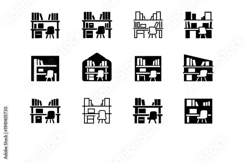 Setting up a home office. Icon set. Set Logo of Setting up a home office: bookshelf. harmonious logo variations of the same emblematic concept, each with