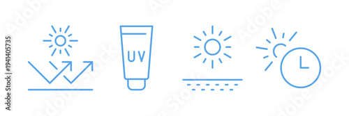Uv protection icons, signs set, sunscreen, sunblock, sun rays, skin safety, temperature heat, vector illustration isolated on white background.