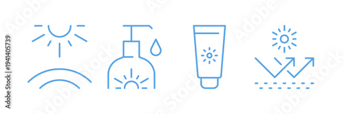 Uv protection icons, signs set, sunscreen, sunblock, sun rays, skin safety, temperature heat, vector illustration isolated on white background.