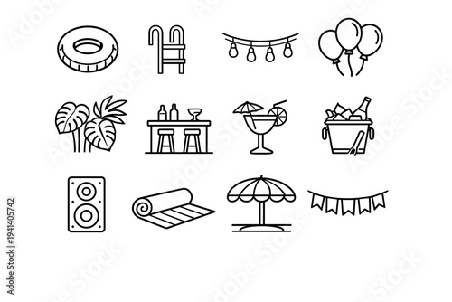 Pool Party Decor. Line icon set of Pool Party Decor: inflatable float, pool ladder, string lights, party balloons, tropical plants, poolside bar table,