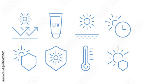 Set of uv protection of various types isolated on white background, sunscreen, sunblock, sun rays, skin safety, temperature heat monochrome vector illustration.