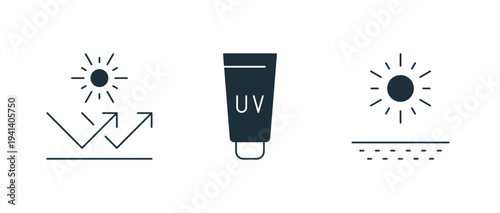 Bundle of black silhouettes of uv protection, sunscreen, sunblock, sun rays, collection of healthcare prevention pictograms, set of design elements isolated on white background, vector illustration.