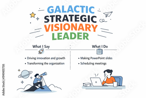 Resume title exaggeration. A resume card with a bold inflated job title and minimal bullet points below, expressing perception versus reality. Neutral and