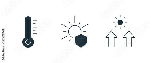 Bundle of black silhouettes of uv protection, sunscreen, sunblock, sun rays, collection of healthcare prevention pictograms, set of design elements isolated on white background, vector illustration.