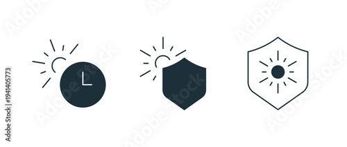 Bundle of black silhouettes of uv protection, sunscreen, sunblock, sun rays, collection of healthcare prevention pictograms, set of design elements isolated on white background, vector illustration.