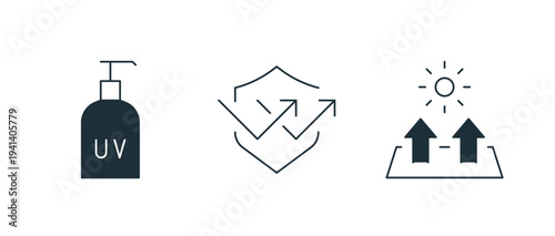 Bundle of black silhouettes of uv protection, sunscreen, sunblock, sun rays, collection of healthcare prevention pictograms, set of design elements isolated on white background, vector illustration.