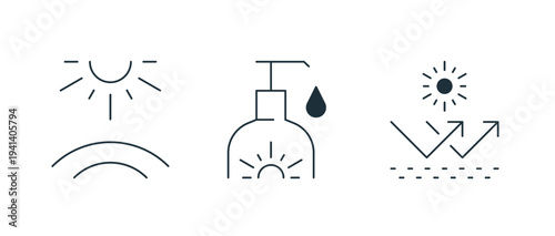 Bundle of black silhouettes of uv protection, sunscreen, sunblock, sun rays, collection of healthcare prevention pictograms, set of design elements isolated on white background, vector illustration.