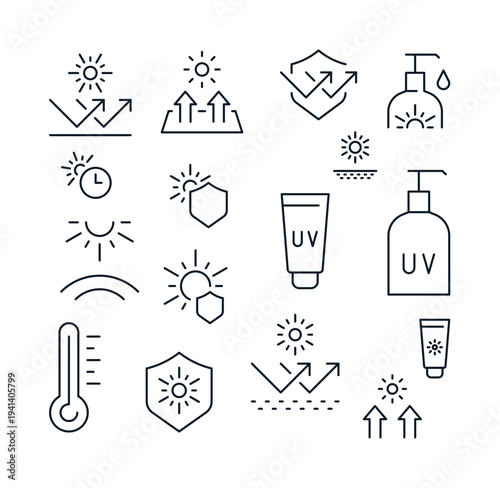 Uv protection, sunscreen set, thin line sunblock, sun rays, skin safety, temperature heat, solar shield, healthcare, simple twine, hand drawn vector illustration isolated on white background.
