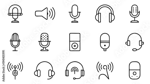 Thirty minimalist linear icons showing various podcasting equipment and audio recording symbols organized in a symmetrical grid layout on a clean dark surface.
