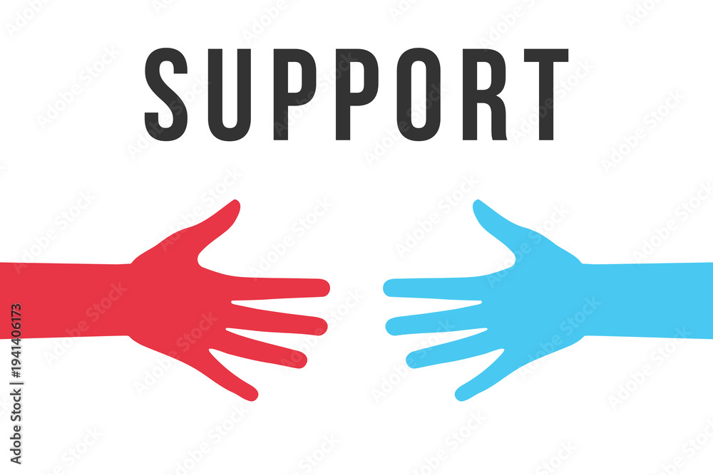 Obraz premium Support Hands Illustration Charity Theme Two hands reaching toward each other in red and light blue on white background. Symbol of help, unity, and support. Ideal for charity, social campaigns