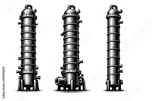 Distillation column displayed as a tall fractionating column with stacked plates and cylindrical body shown in straight front view, angled perspective view,