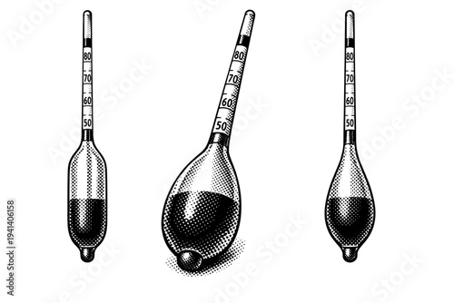 Hydrometer instrument shown as a floating alcohol hydrometer with weighted bulb and slender stem displayed in vertical front view, angled perspective view, and