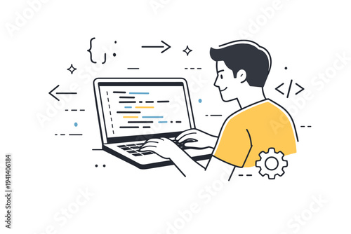 Development & coding stage. A programmer typing on a laptop with clean code lines on screen, subtle symbols like brackets and arrows floating around to suggest