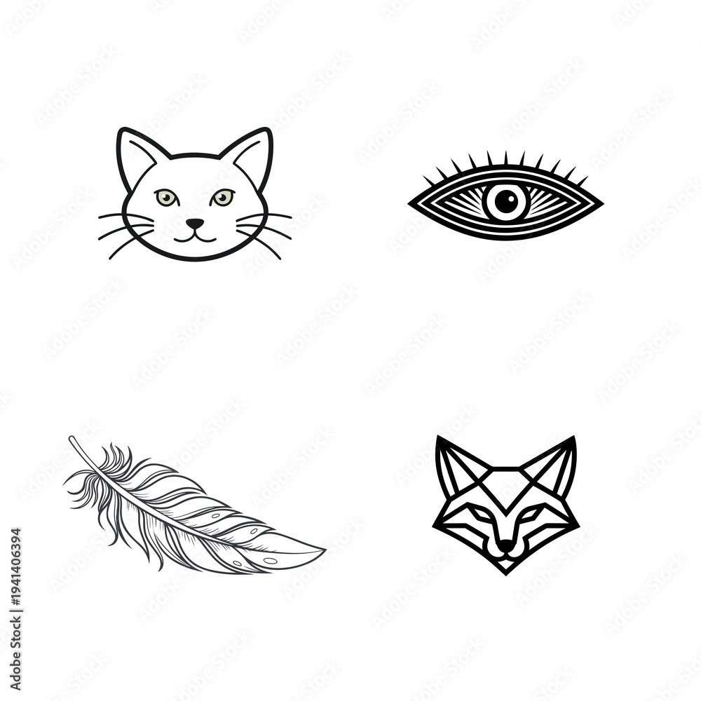 Obraz premium Cat face, all seeing eye, feather, geometric fox head, outline vector icons