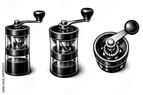 Manual coffee grinder with crank handle and visible burr chamber presented in three angles including side profile, three-quarter view, and top view,