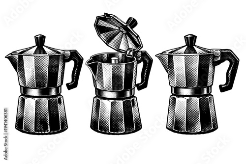 Classic stovetop espresso maker with faceted body, lid, and handle displayed in three positions including closed front view, open lid view, and side profile,
