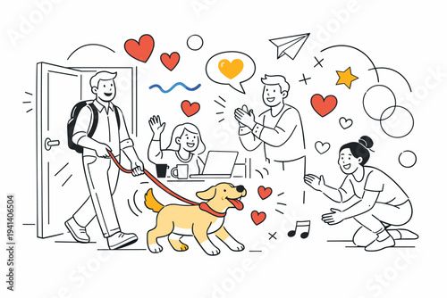 Bringing your dog to work day. An employee entering the office with a leash in hand, happy dog wagging its tail while coworkers greet them. Floating hearts and