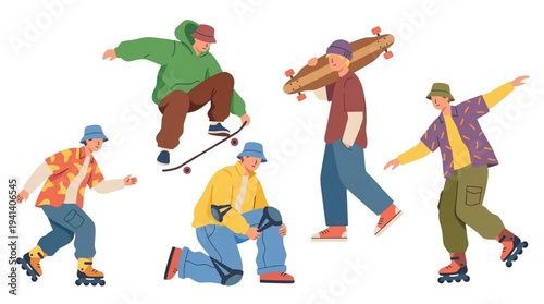 Skateboarding and Rollerblading Vector Character Set: Young People, Street Culture, Tricks, and Fashion.