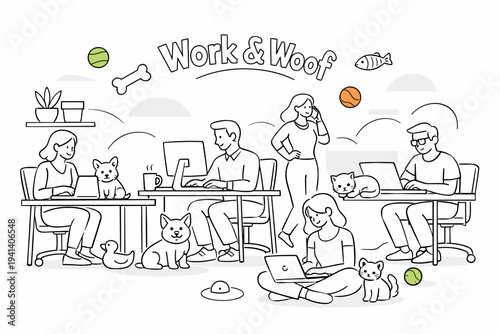 Pet-friendly coworking space. Open workspace with multiple desks, small dogs and cats calmly sitting beside professionals in dynamic poses. A subtle wall text