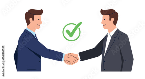 Vector illustration of two businessmen shaking hands with green checkmark