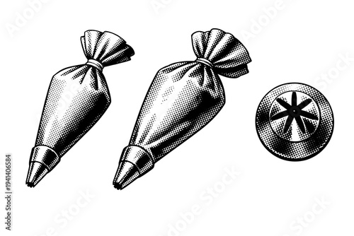 Pastry piping bag with metal nozzle tip presented in side view, angled three-quarter view, and top-down nozzle detail view in a unified composition, focusing