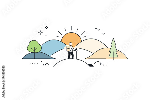 Abstract nature exploration concept. Simplified hills, trees, sun, and a small human figure arranged in a balanced composition. The scene feels symbolic, airy,