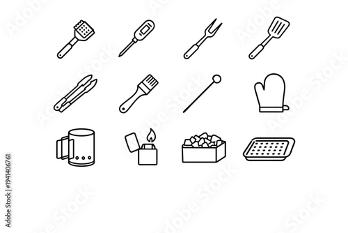 Barbecue Tools. Line icon set of Barbecue Tools: grill brush, meat thermometer, barbecue fork, grilling spatula, grilling tongs, basting brush, skewer, grill