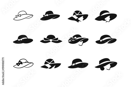 1940s fashion. Icon set. Set Logo of 1940s fashion: vintage wide-brim hat. harmonious logo variations of the same emblematic concept, each with different