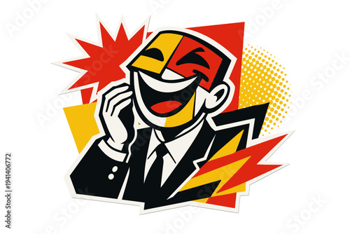 Modern graphic collage inspired by retro comics showing a laughing character, black and white body with an abstract cubist-style face, exaggerated smile