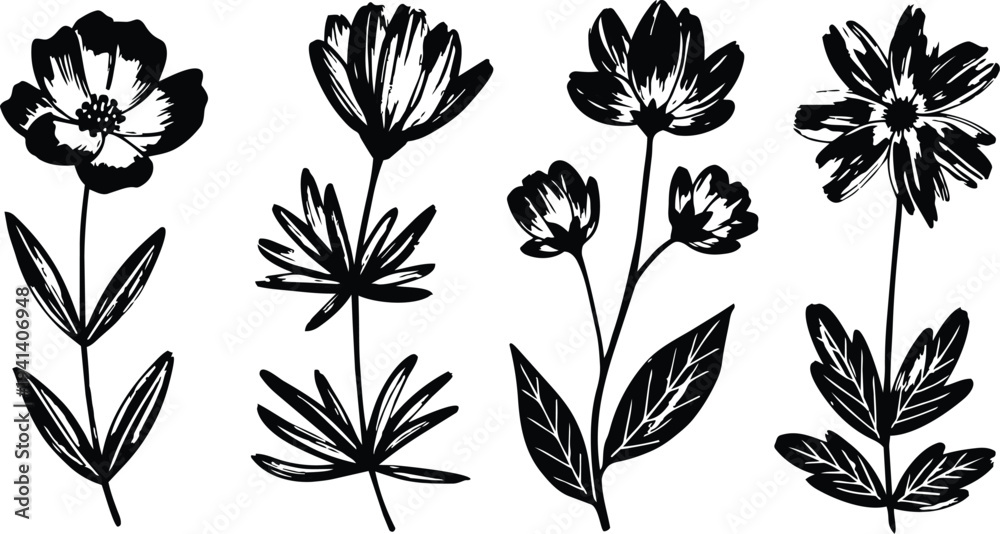 Obraz premium Black floral silhouette vector set with four bold flowers, white background, nature design art