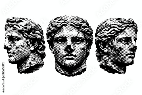 Greek Statue Head ? damaged antique head. A weathered ancient Greek statue head with broken nose and surface erosion depicted as a single object shown in three